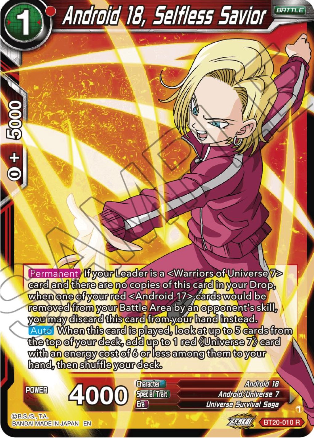 Android 18, Selfless Savior (BT20-010) [Power Absorbed] | Devastation Store