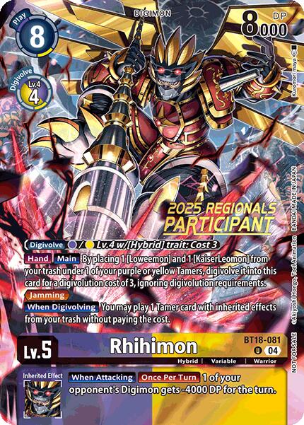 Rhihimon [BT18-081] (2025 Regionals Participant) [Release Special Booster Ver.2.0 Promos] | Devastation Store
