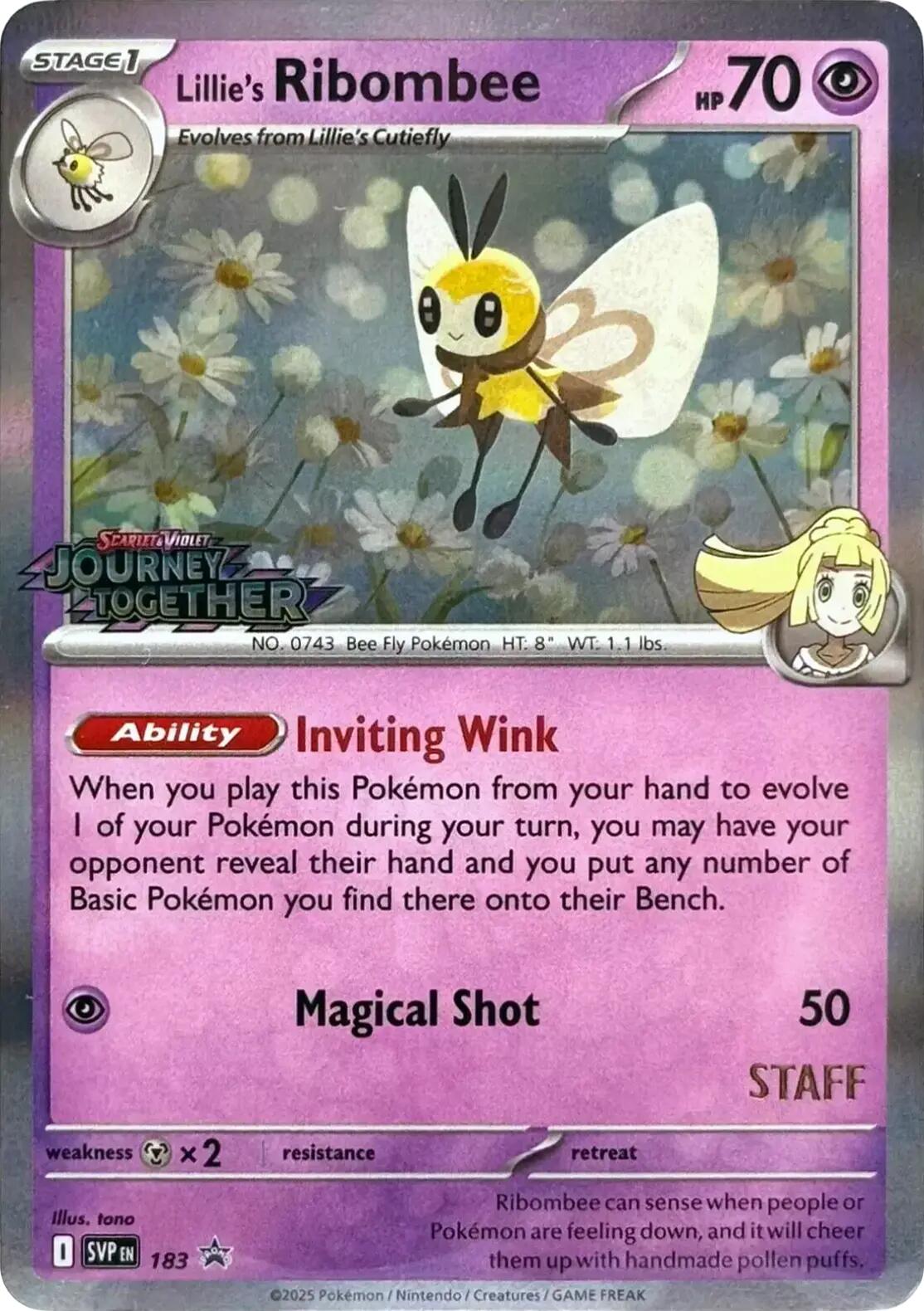 Lillie's Ribombee (183) (Prerelease Staff) [Scarlet & Violet: Black Star Promos] | Devastation Store