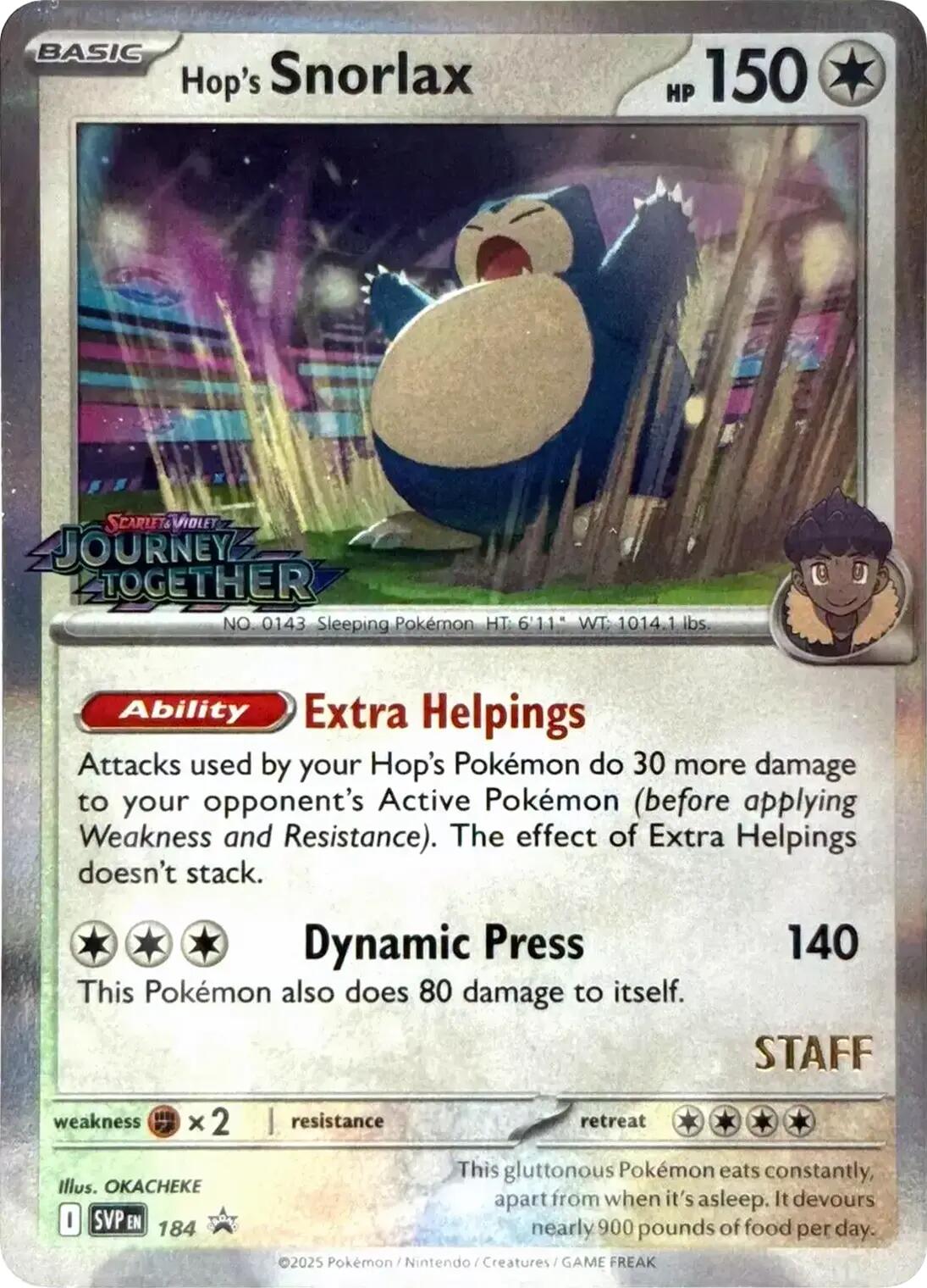 Hop's Snorlax (184) (Prerelease Staff) [Scarlet & Violet: Black Star Promos] | Devastation Store
