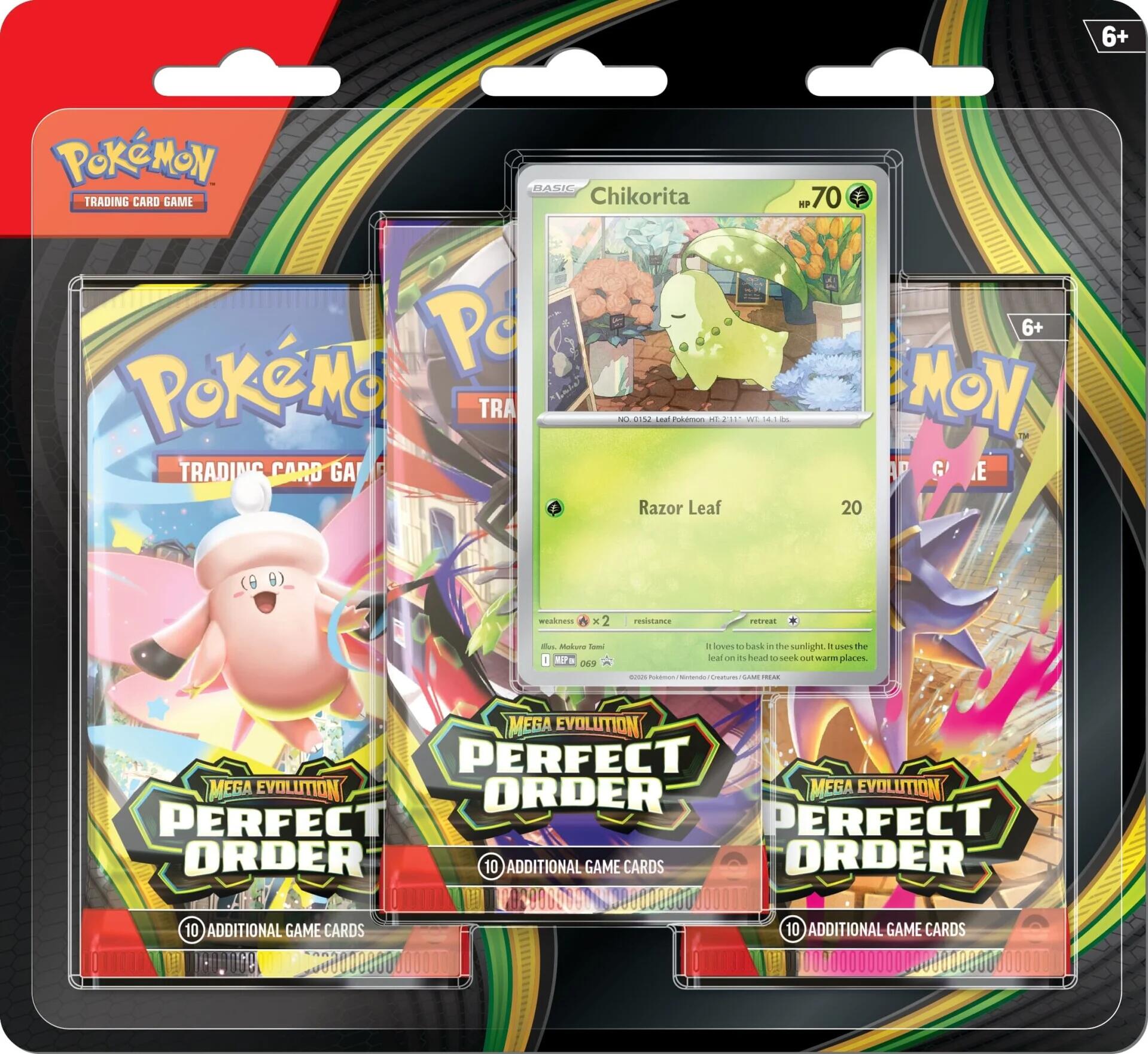 Mega Evolution: Perfect Order - 3 Pack Blister (Chikorita) Español | Devastation Store