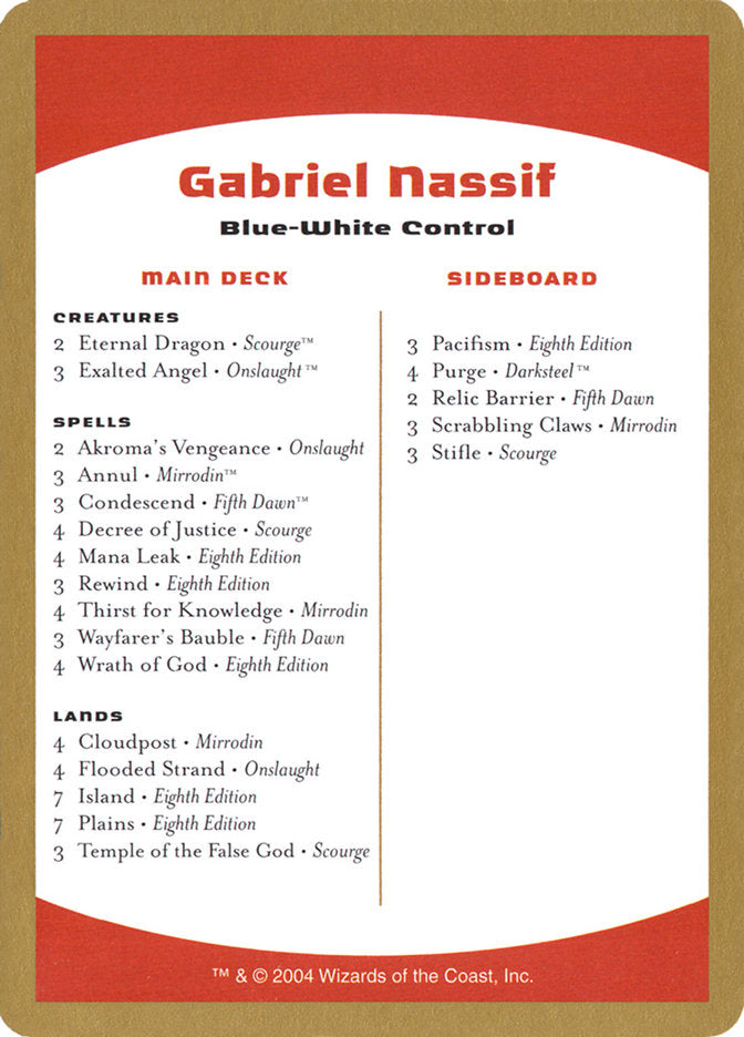 Gabriel Nassif Decklist [World Championship Decks 2004] | Devastation Store
