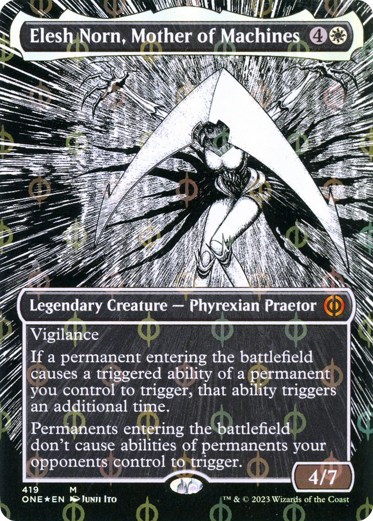Elesh Norn, Mother of Machines (Borderless Manga Step-and-Compleat Foil) [Phyrexia: All Will Be One] | Devastation Store