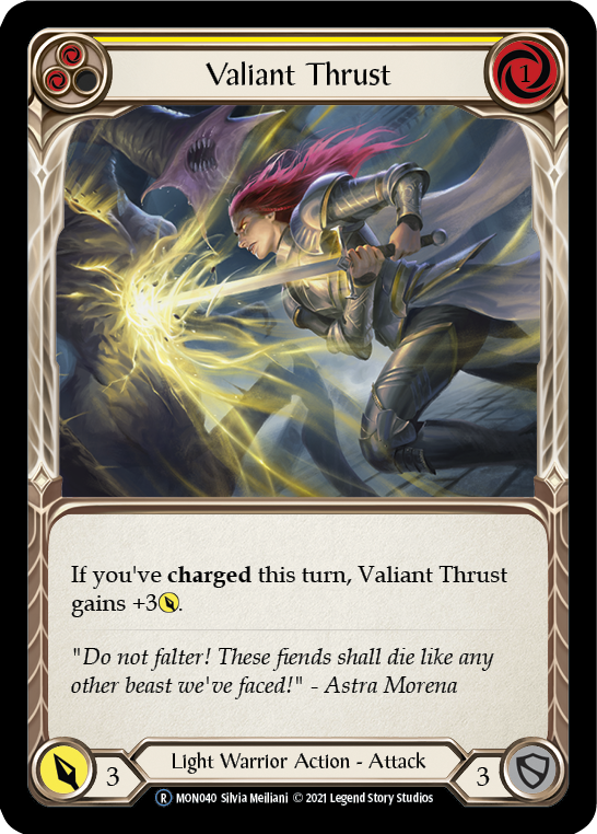 Valiant Thrust (Yellow) (Rainbow Foil) [U-MON040-RF] Unlimited Edition Rainbow Foil | Devastation Store