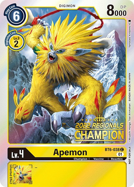 Apemon [BT6-038] (2022 Championship Online Regional) (Online Champion) [Double Diamond Promos] | Devastation Store
