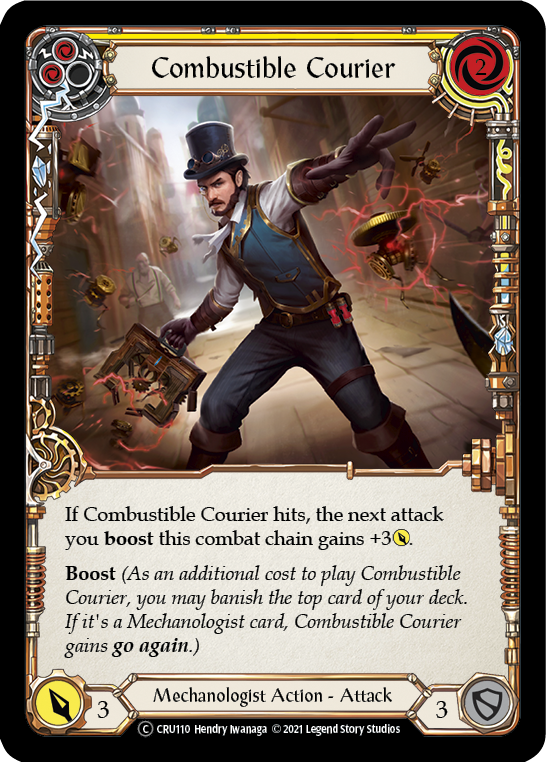 Combustible Courier (Yellow) (Rainbow Foil) [CRU110-RF] Unlimited Rainbow Foil | Devastation Store